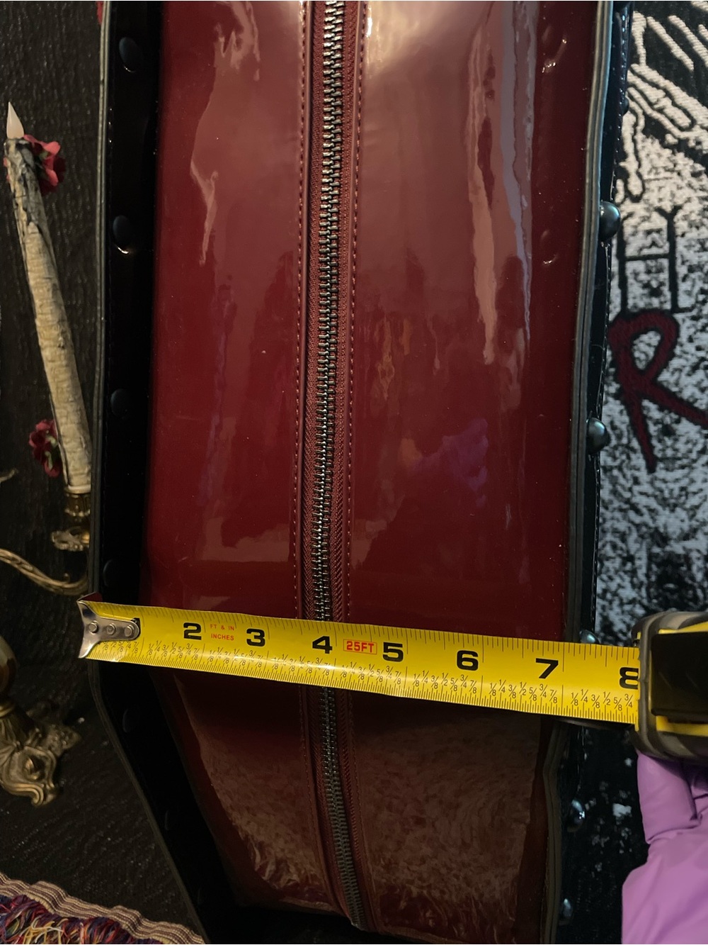 Dolls Kill Wine Red Coffin Weekender Bag with Black Embroidered Cross - Picture 13 of 13
